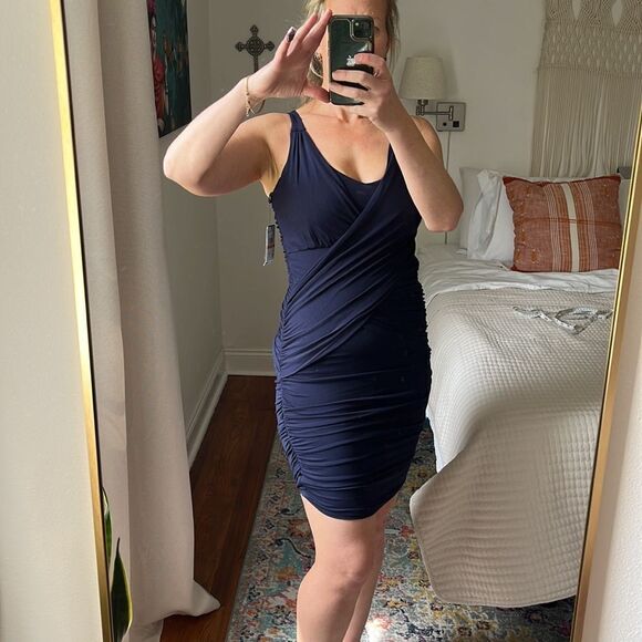 Vince Camuto Dress Womens XS St Barts Navy Blue Night Ruched - Picture 2 of 11